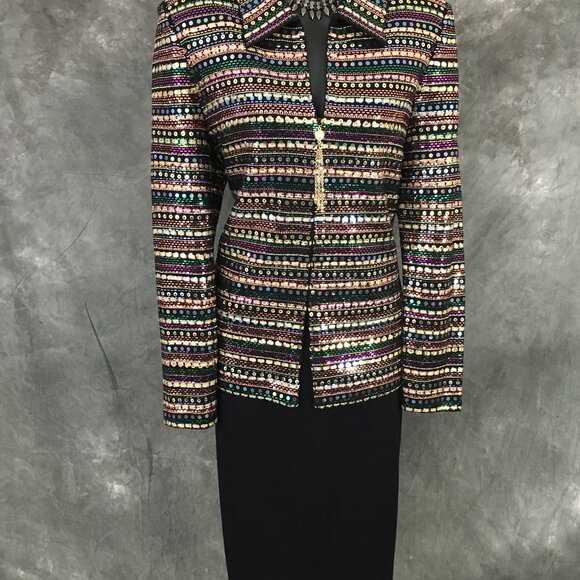 BEAUTIFUL St John evening knit black rhinestones embellished skirt suit 6 - Picture 3 of 11